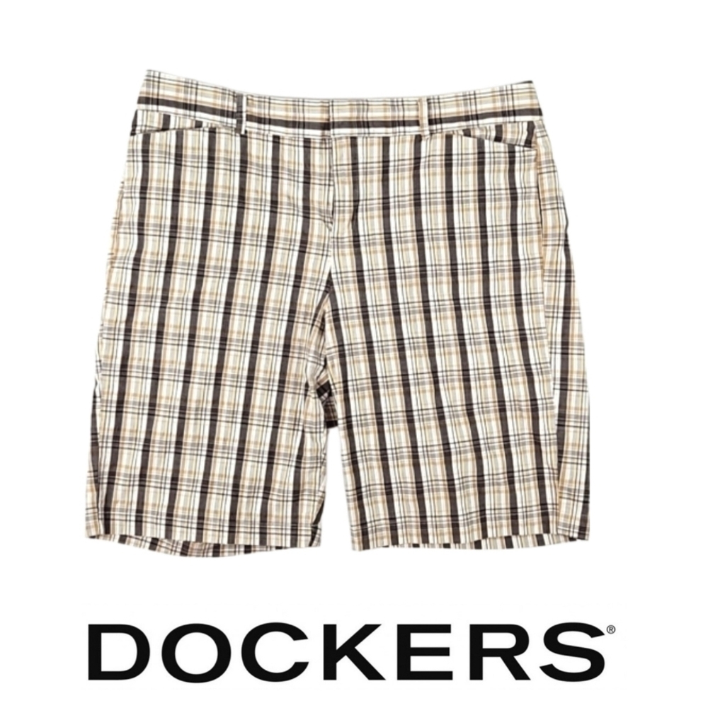 Women's Plus Dockers Cotton Stretch Plaid Long Shorts Brown Cream, Size …